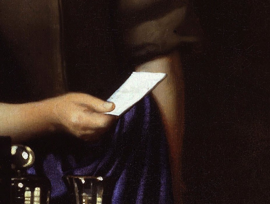 Girl Reading a Letter at an Open Window: Johannes Vermeer, Mistress and Maid, c. 1666-1667, The Frick Collection, New York City, NY, USA. Detail.
