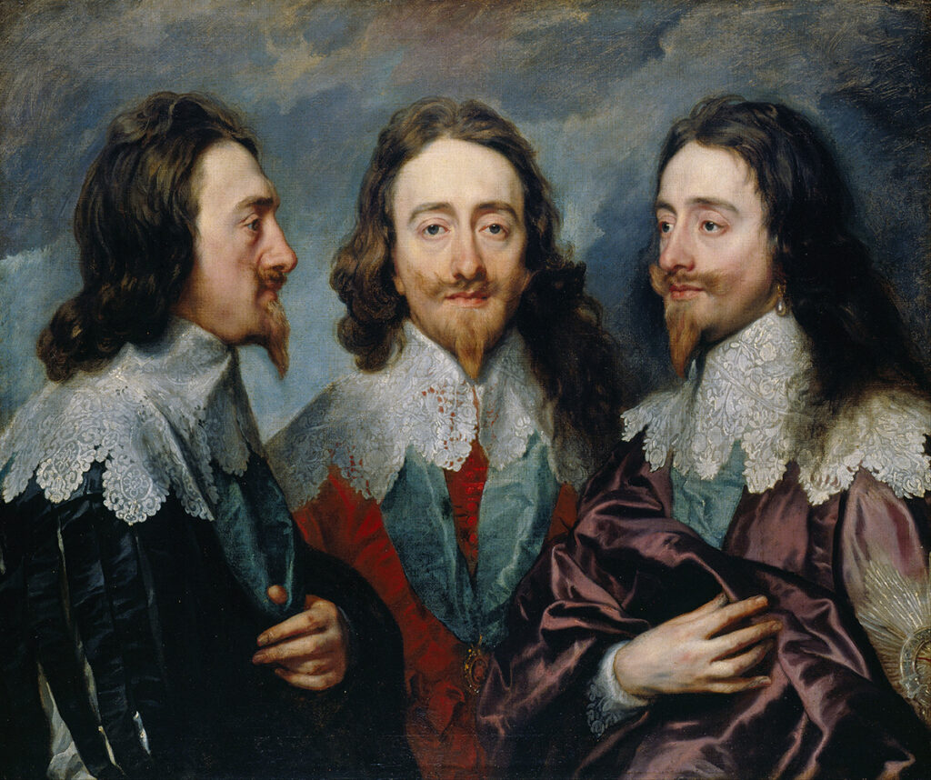 Anthony van Dyck facts: Anthony van Dyck, Charles I in Three Positions, 1635–1636, The King’s Gallery, Buckingham Palace, Royal Collection, London, UK.
