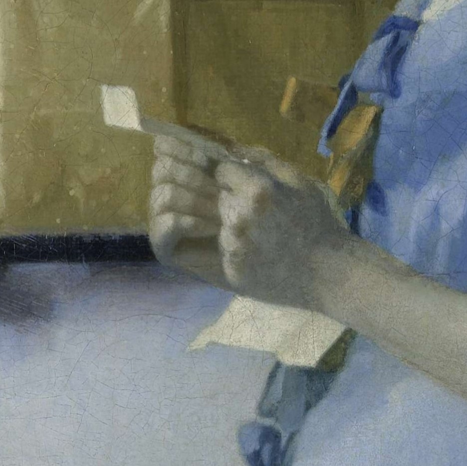 Girl Reading a Letter at an Open Window: Johannes Vermeer, Woman in Blue Reading a Letter, c. 1663, Rijksmuseum, Amsterdam. Detail.
