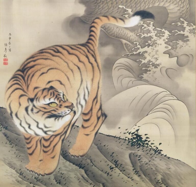 tigers in art: Yoshimura Kokei, Dragon and Tiger, 1836, Joan B Murviss Galleries, New York City, NY, USA. Detail.
