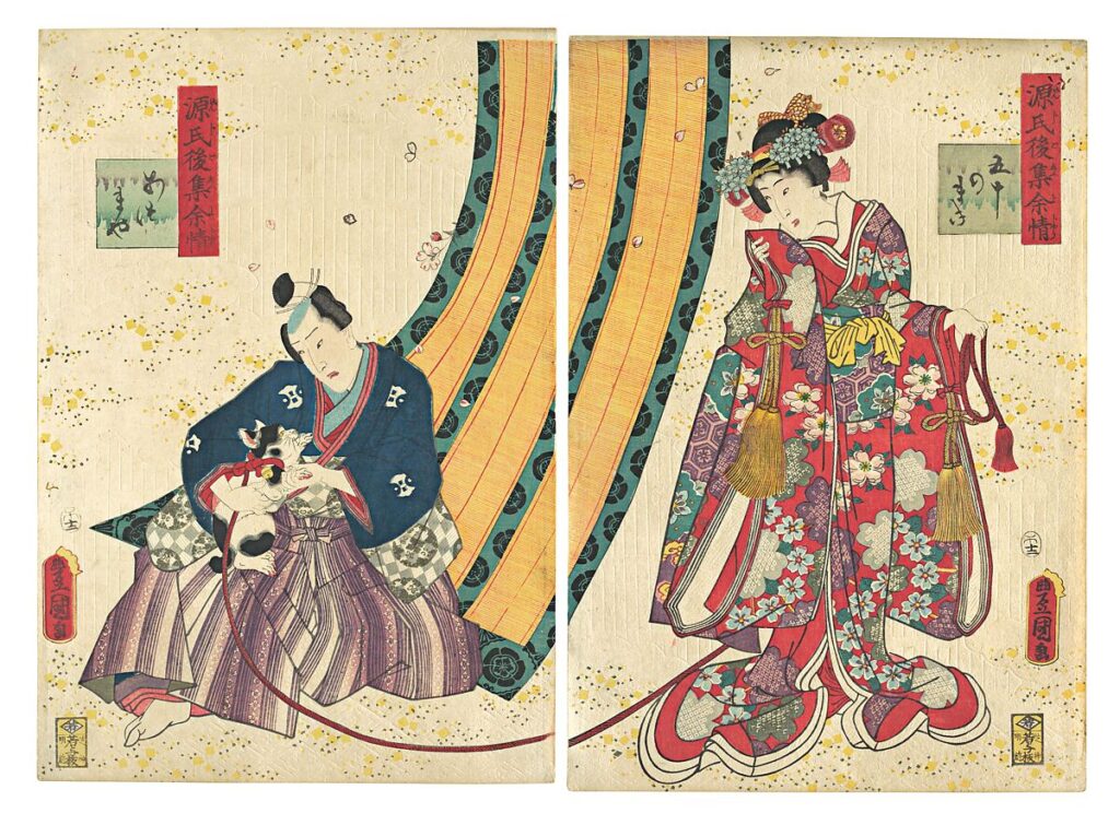 Cats in Japanese Art: Utagawa Kunisada, Parody of the Third Princess and Kashiwagi: “Chapter 50: A Hut in the Eastern Provinces”, 1858, Metropolitan Museum of Art, New York City, NY, USA.
