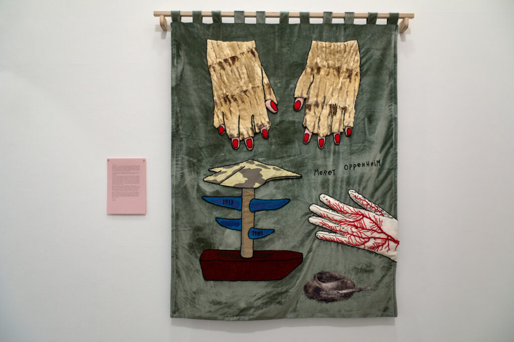 Friends in Love and War: Géraldine Kosiak, Un nuage sur le bateau, les gants, et la tasse, hommage à Meret Oppenheim, 2023, as exhibited in Friends in Love and War—L’Éloge des meilleur·es ennemi·es, Ikon Gallery, installation view, 2024. Image courtesy Ikon. Photo by David Rowan. 
