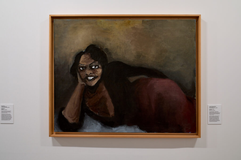 Friends in Love and War: Lynette Yiadom-Boakye, Condominium, 2005, as exhibited in Friends in Love and War—L’Éloge des meilleur·es ennemi·es, Ikon Gallery, installation view, 2024. Image courtesy Ikon. Photo by David Rowan.
