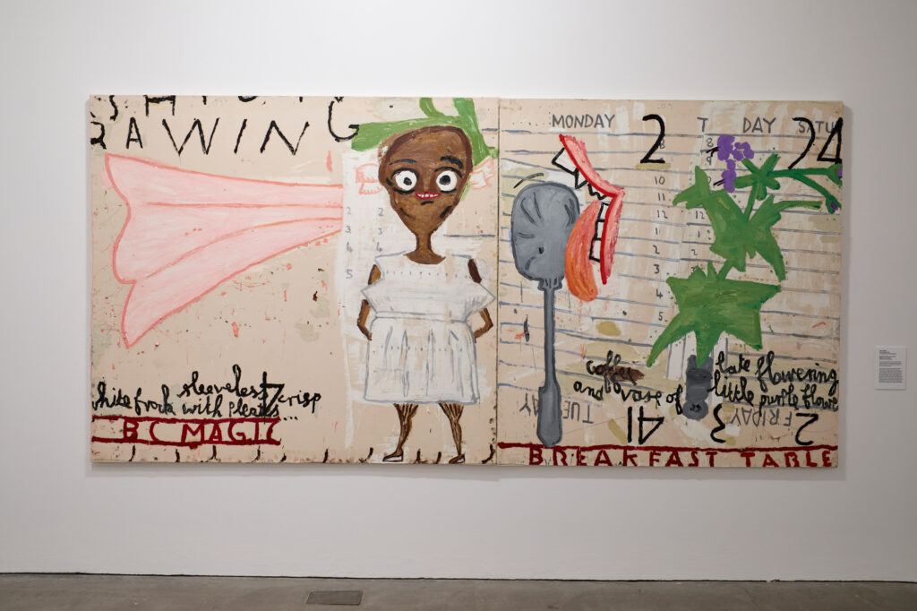 Friends in Love and War: Rose Wylie, Bagdad Cafe, Film Notes series, 2015, as exhibited in Friends in Love and War—L’Éloge des meilleur·es ennemi·es, Ikon Gallery, installation view, 2024. Image courtesy Ikon. Photo by David Rowan.
