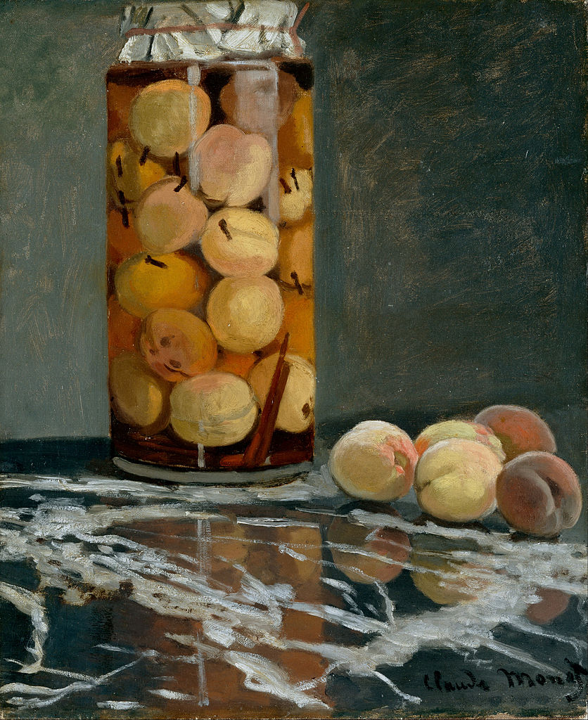 Claude Monet still life: Claude Monet, A Jar of Peaches, 1866, Galerie Neue Meister, Dresden, Germany.
