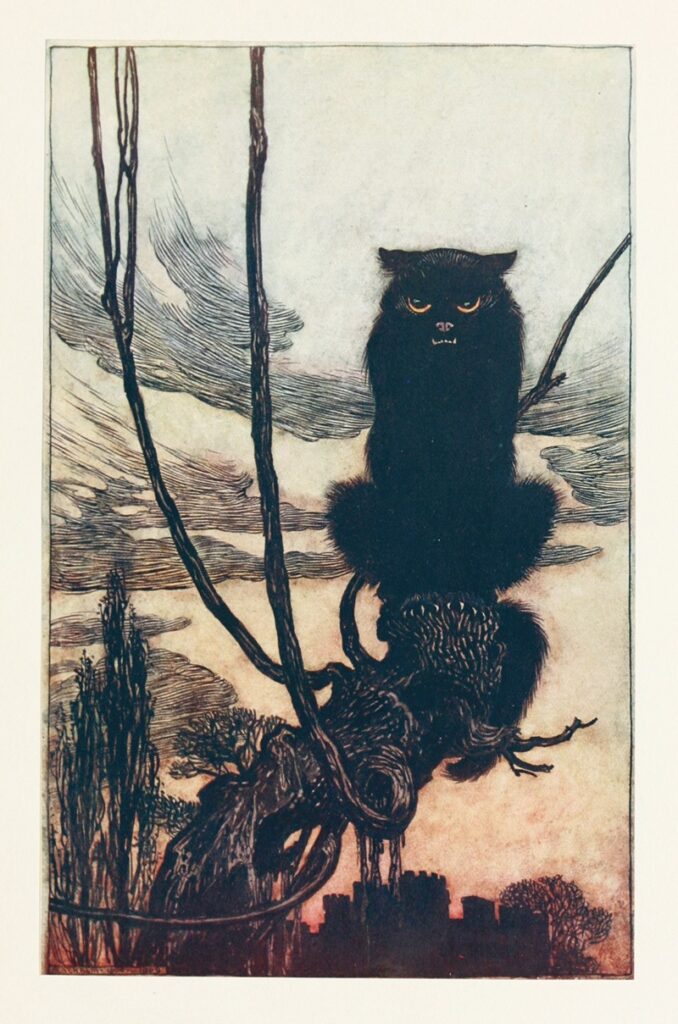 halloween paintings: 10 Halloween Paintings: Arthur Rackham, By Day She Made Herself into a Cat (from The Fairy Tales of the Brothers Grimm), 1909. Artvee.
