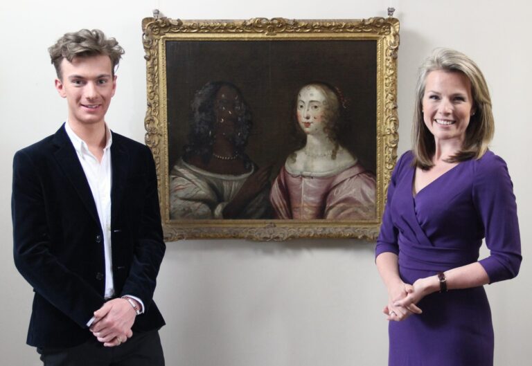 Allegorical Painting of Two Ladies: Ashley Jones and Christina Trevanion of Trevanion Fine Art and Antiques in front of the Allegorical Painting of Two Ladies. Photo by the gallery.
