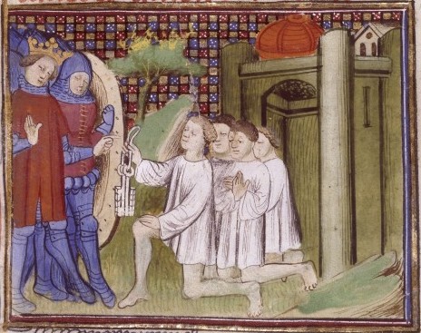 burghers of calais: Illustration from Jean Froissart’s Chronicles showing the surrender of the keys of Calais to Edward III, manuscript in the Bibliothèque nationale de France
