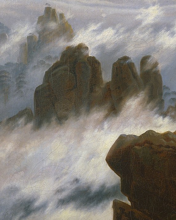 Wanderer above the Sea of Fog: Caspar David Friedrich, Wanderer above the Sea of Fog, c. 1818, Hamburger Kunsthalle, Hamburg, Germany. Detail.
