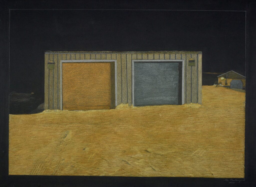 McMichael: Itee Pootogook, Untitled (Garages at Night), 2010, coloured pencil on black paper, sheet: 56.3 x 76.8 cm (22 3/16 x 30 1/4 in.); image: 49.1 x 69.7 cm (19 5/16 x 27 7/16 in.), McMichael Canadian Art Collection, Kleinburg, Canada. Gift from the Christopher Bredt and Jamie Cameron Collection, 2018.7.9.
