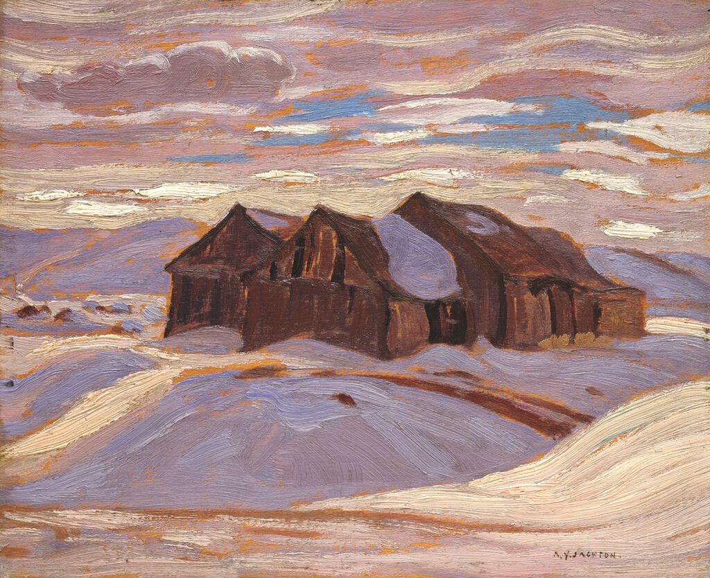 Group of Seven: A. Y. Jackson, Barns, La Malbaie, Quebec, 1926, oil on wood panel, 21.6 x 26.8 cm (8 1/2 x 10 9/16 in.), Gift of Mrs. F. B. Housser, McMichael Canadian Art Collection, Kleinburg, Canada.
