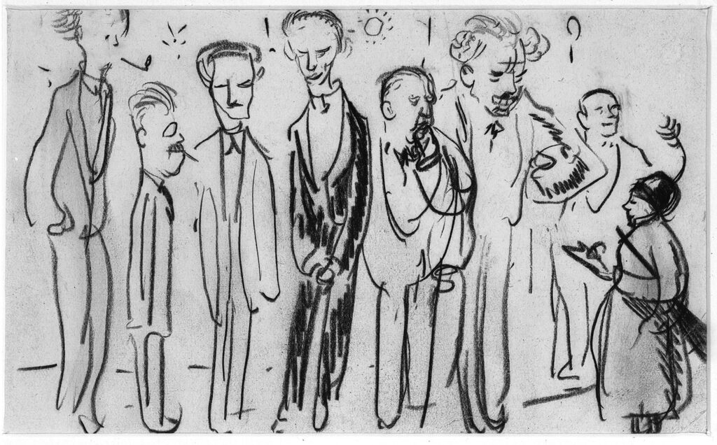 Group of Seven: Arthur Lismer, Emily Carr Meets the Group, c. 1927, conté crayon on paper, 9.6 x 15.8 cm (3 3/4 x 6 1/4 in.), Gift of The Robert and Signe McMichael Trust, McMichael Canadian Art Collection, Kleinburg, Canada.
