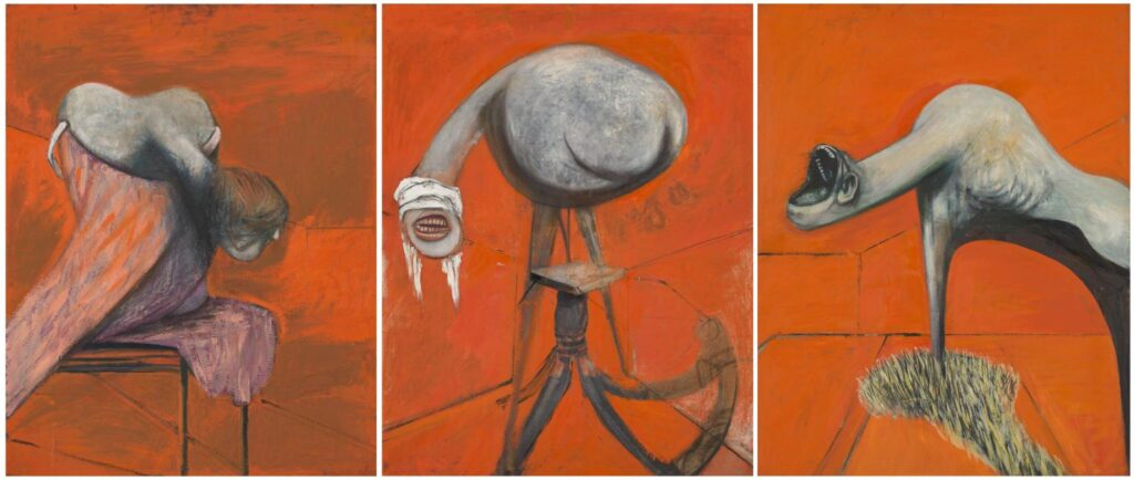 Francis Bacon paintings: Francis Bacon, Three Studies for Figures at the Base of a Crucifixion, 1944. Francis Bacon Estate.
