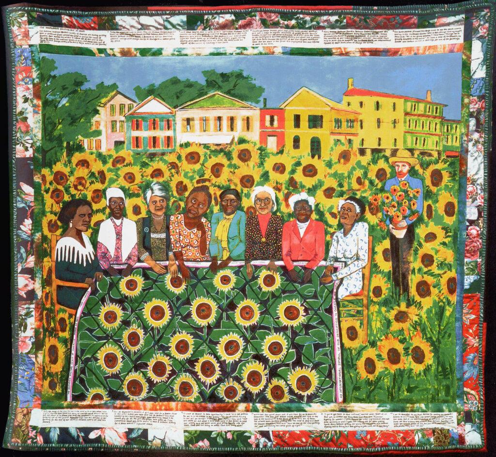 Faith Ringgold Quilt: Faith Ringgold, The Sunflower Quilting Bee at Arles, acrylic on canvas with pieced fabric border, 1991, ACA Galleries, New York, USA. Artist’s website.
