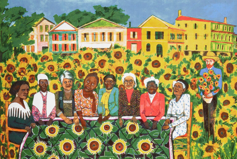 Faith Ringgold Quilt: Faith Ringgold, The Sunflower Quilting Bee at Arles, acrylic on canvas with pieced fabric border, 1991, ACA Galleries, New York, USA. Detail.
