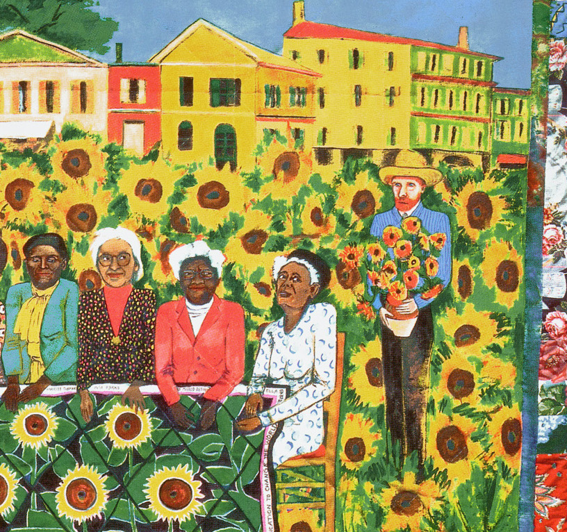 Faith Ringgold Quilt: Faith Ringgold, The Sunflower Quilting Bee at Arles, acrylic on canvas with pieced fabric border, 1991, ACA Galleries, New York, USA. Detail.
