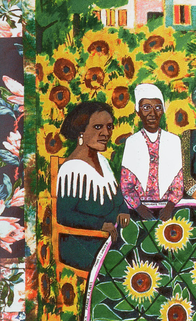 Faith Ringgold Quilt: Faith Ringgold, The Sunflower Quilting Bee at Arles, acrylic on canvas with pieced fabric border, 1991, ACA Galleries, New York, USA. Detail.
