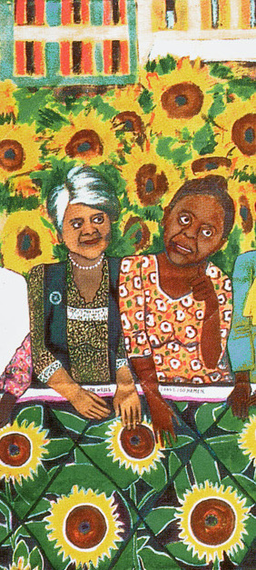 Faith Ringgold Quilt: Faith Ringgold, The Sunflower Quilting Bee at Arles, acrylic on canvas with pieced fabric border, 1991, ACA Galleries, New York, USA. Detail.
