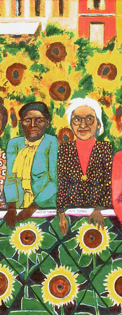 Faith Ringgold Quilt: Faith Ringgold, The Sunflower Quilting Bee at Arles, acrylic on canvas with pieced fabric border, 1991, ACA Galleries, New York, USA. Detail.
