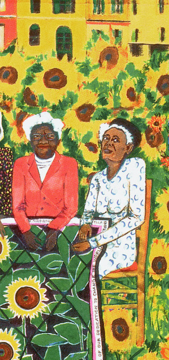 Faith Ringgold Quilt: Faith Ringgold, The Sunflower Quilting Bee at Arles, acrylic on canvas with pieced fabric border, 1991, ACA Galleries, New York, USA. Detail.
