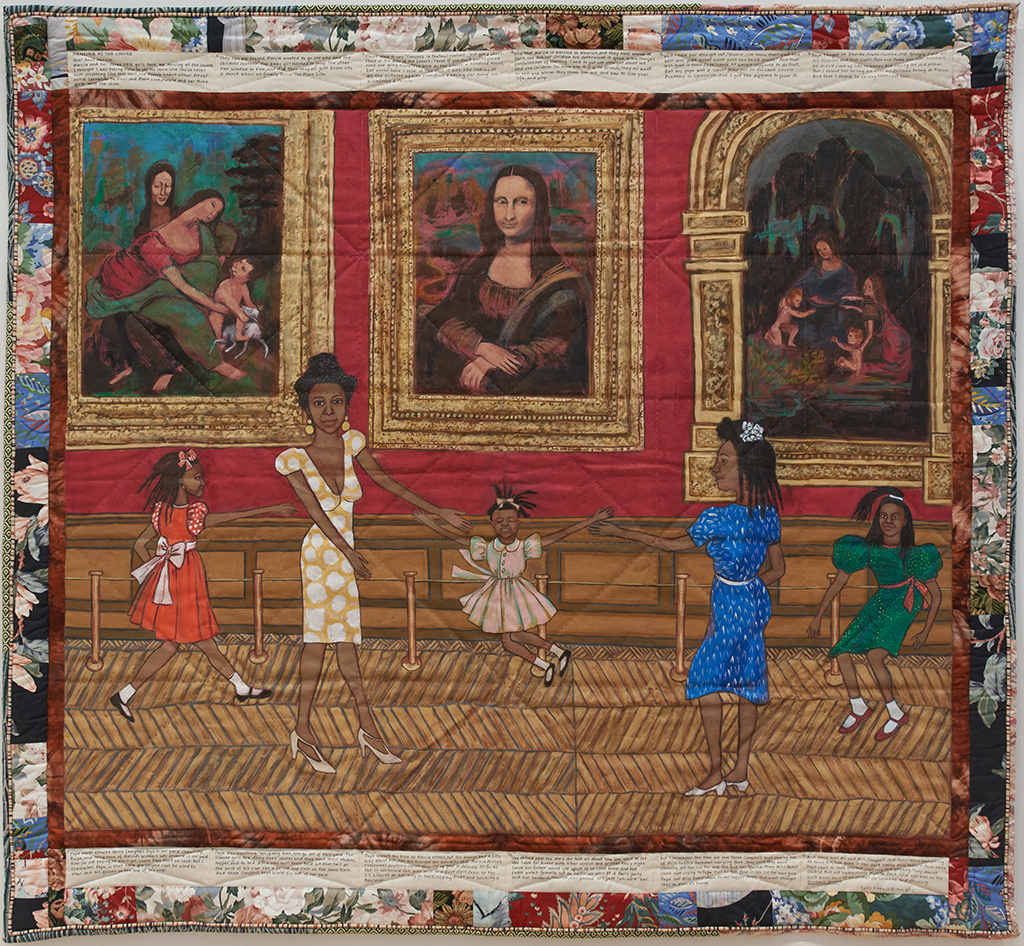 Faith Ringgold Quilt: Faith Ringgold, Dancing at the Louvre, 1991, acrylic on canvas, tie-dyed, pieced fabric border, Gund Gallery, Kenyon College, Gambler, OH, USA.
