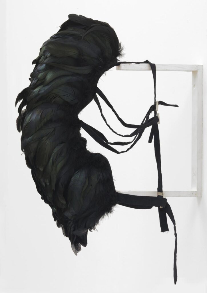 rebecca horn: Rebecca Horn, Cockfeather Mask, 1973, Wearable device, Feathers, metal, and fabric, Tate.
