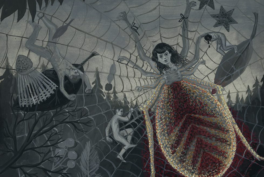 A captivating painting illustrating a spider web alongside a spider woman with other creatures, symbolizing connection and fragility.