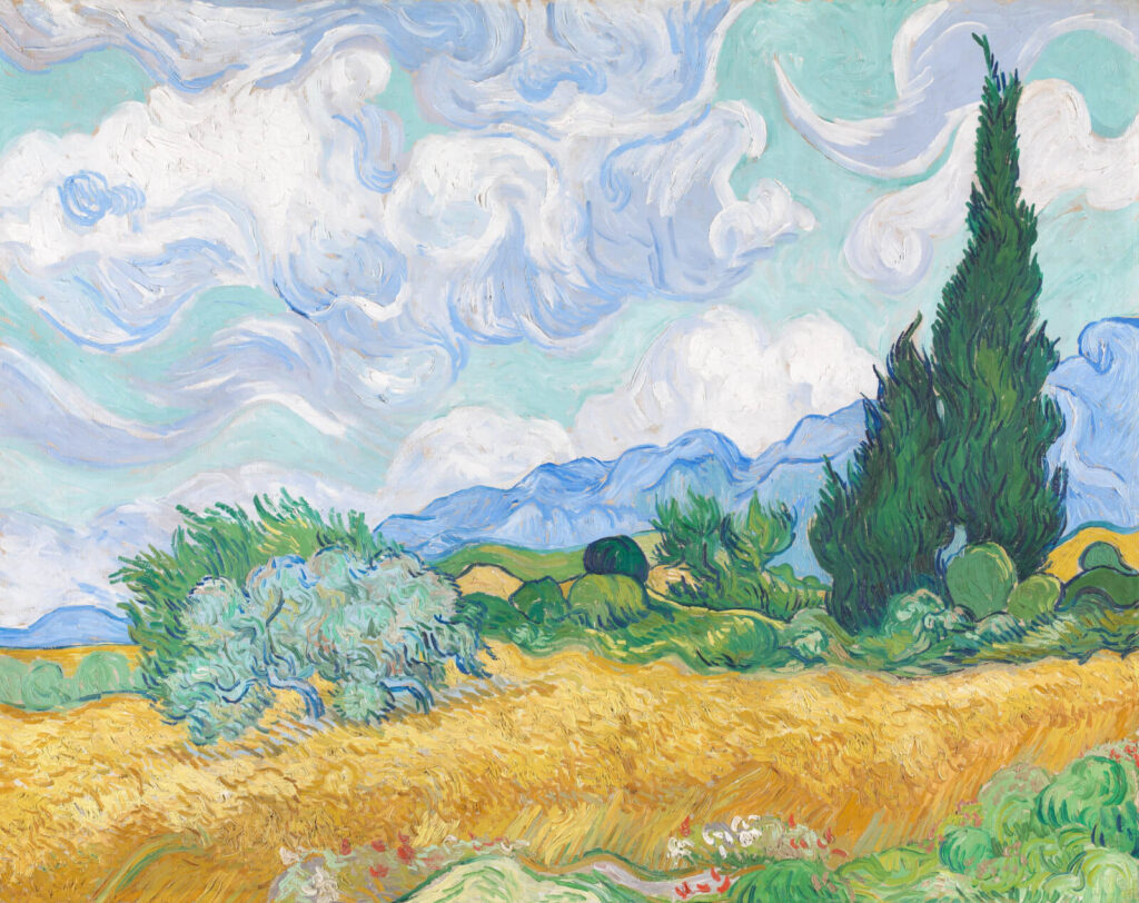 wheatfield with cypresses: Vincent van Gogh, Wheatfield with Cypresses, 1889, National Gallery, London, UK.
