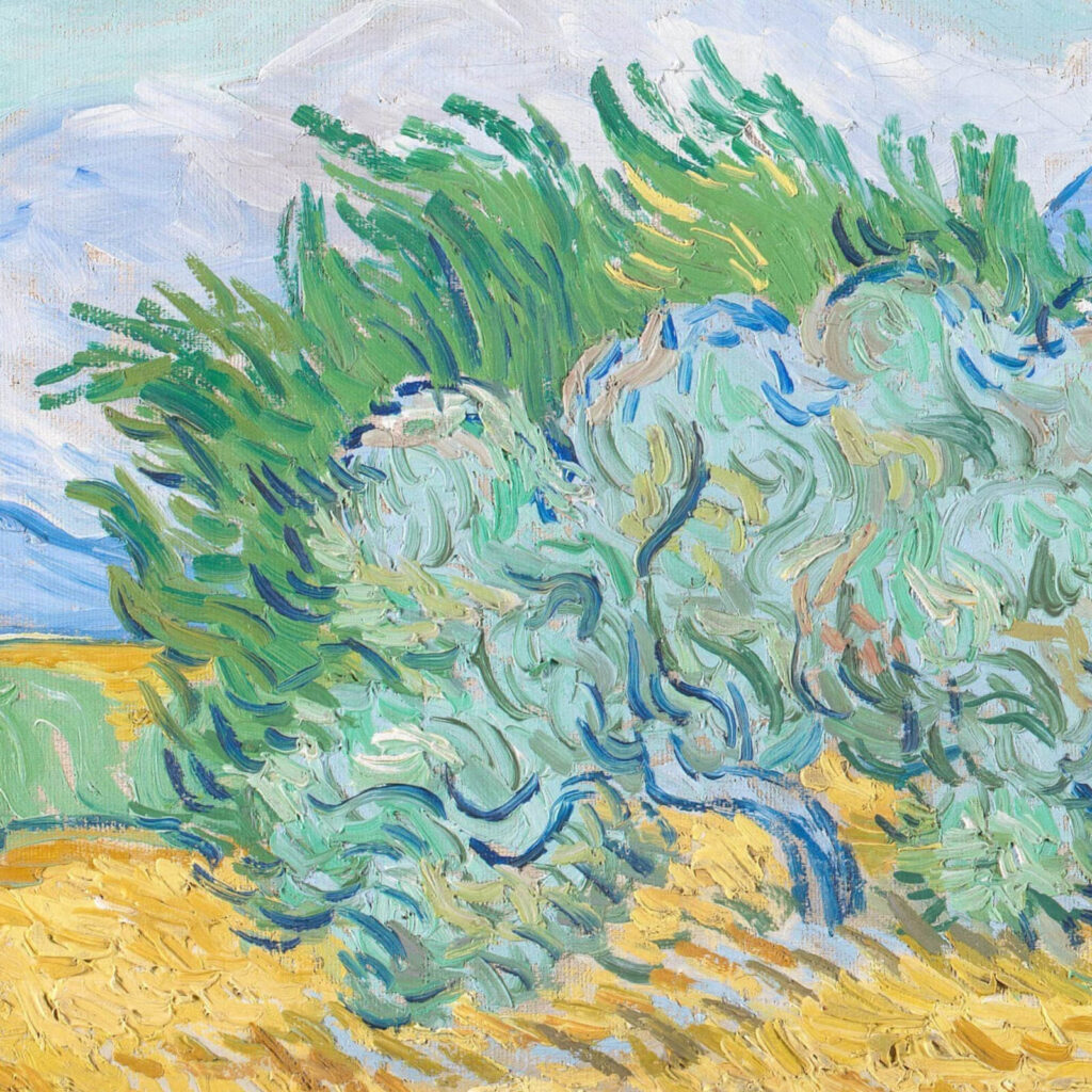 wheatfield with cypresses: Vincent van Gogh, Wheatfield with Cypresses, 1889, National Gallery, London, UK. Detail.
