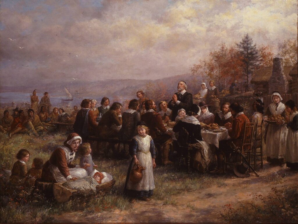 real history of Thanksgiving: Jennie Augusta Brownscombe, Thanksgiving at Plymouth, 1925, National Museum of Women in the Art, Washington, DC, USA.
