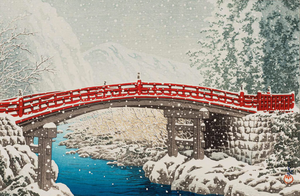 Winter paintings: Hasui Kawase, Snow on the Sacred Bridge at Nikkô, 1930, Museum of Fine Arts, Boston, MA, USA.
