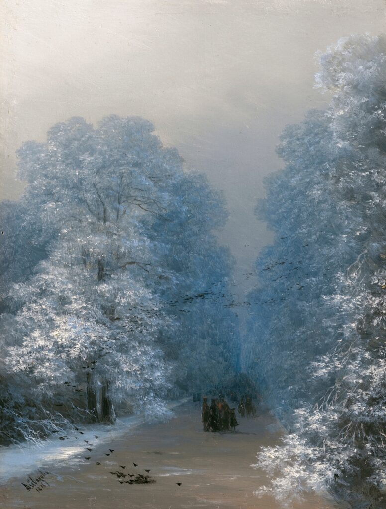 Winter paintings: Ivan Aivazovsky, Winter Landscape, 1876. Artvee.
