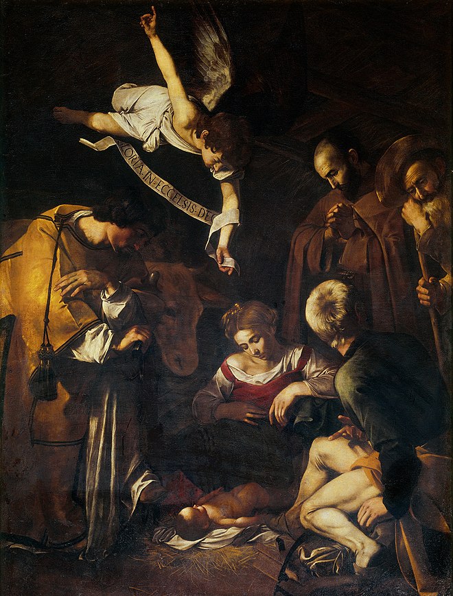 christmas colors meaning: Caravaggio, Nativity with St. Francis and St. Lawrence, c. 1600, stolen.
