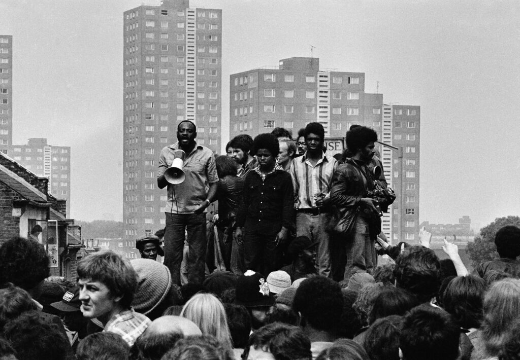 photographing britain: Syd Shelton, Darcus Howe addressing the anti-racist demonstrators, Lewisham, 13 August 1977. Dated 1977, printed 2020. Tate: Presented by the artist 2021 © Syd Shelton.
