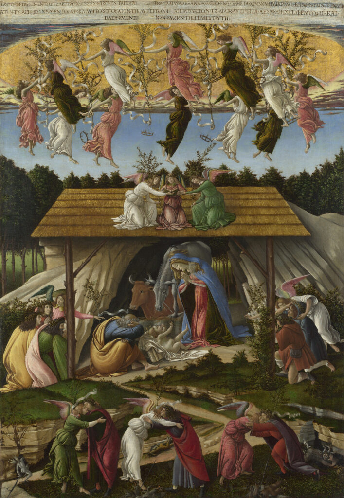 christmas colors meaning: Sandro Botticelli, Mystic Nativity, 1500, National Gallery, London, UK.
