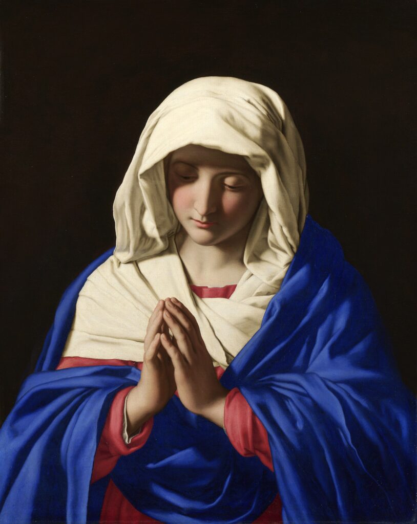 christmas colors meaning: Giovanni Battista Salvi da Sassoferrato, The Virgin in Prayer, 1640–1650, National Gallery, London, UK.
