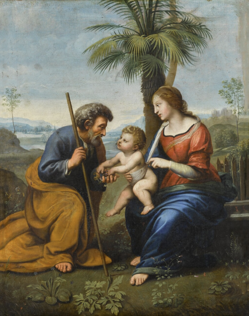 christmas colors meaning: Raphael, The Holy Family with a Palm Tree, 1506. Sothebys.
