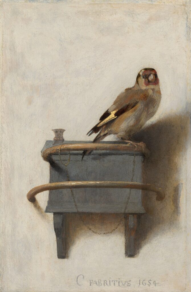 Carel Fabritius: Carel Fabritius, The Goldfinch, 1654, Mauritshuis, The Hague, Netherlands.
