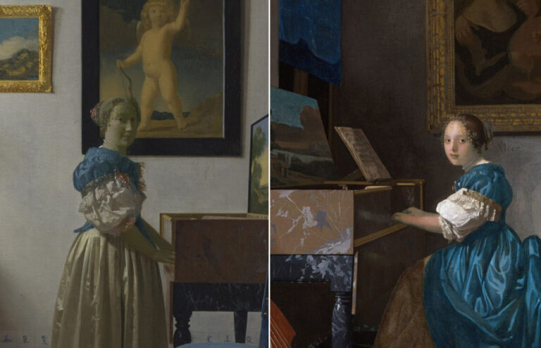 Vermeer Woman at a Virginal: Left: Johannes Vermeer, A Young Woman Standing at a Virginal, 1670–1672, National Gallery, London, UK. Detail; Right: Johannes Vermeer, Young Woman Seated at a Virginal, 1670–1672, National Gallery, London, UK. Detail.
