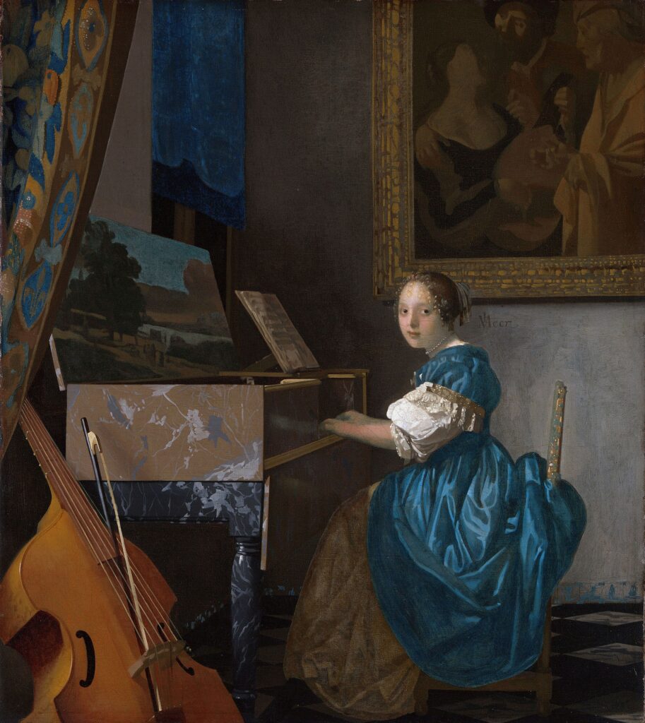 Vermeer Woman at a Virginal: Johannes Vermeer, Young Woman Seated at a Virginal, 1670–1672, National Gallery, London, UK.
