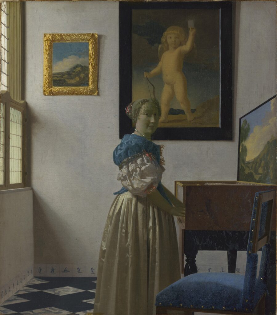 Vermeer Woman at a Virginal: Johannes Vermeer, A Young Woman Standing at a Virginal, 1670–1672, National Gallery, London, UK.
