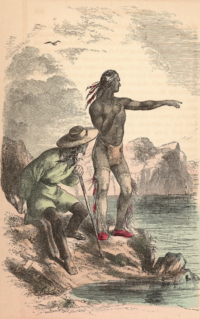 real history of Thanksgiving: Illustration depicting Native American Squanto (a.k.a. Tisquantum) of the Patuxet tribe serving as guide and interpreter for the Pilgrims at the Plymouth Colony, c. 1621. History.
