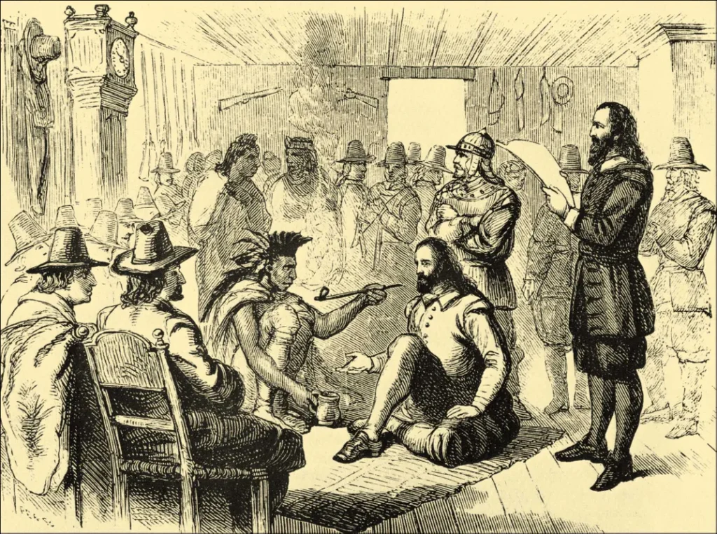 real history of Thanksgiving: Ousamequin Smoking a Ceremonial Pipe with Governor John Carver in Plymouth, 1621, Sutro Library, San Francisco, CA, USA.
