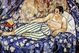 Painting of a woman lying on her hip on the bed with colorful background.