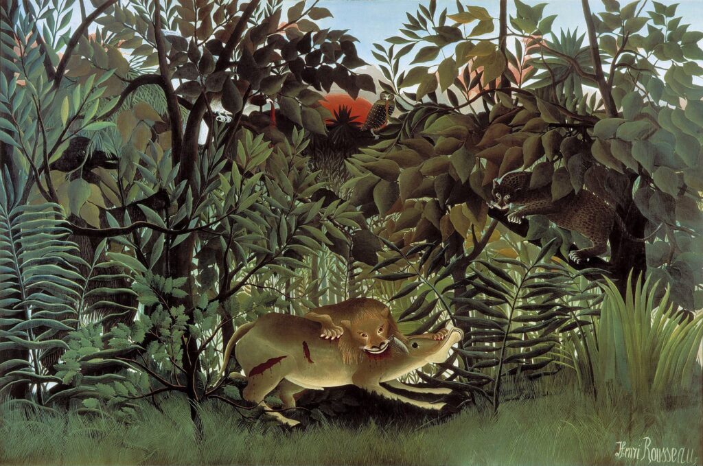 Henri Rousseau paintings: Henri Rousseau, The Hungry Lion Throws Itself on the Antelope, 1905, Beyeler Foundation, Riehen, Switzerland.
