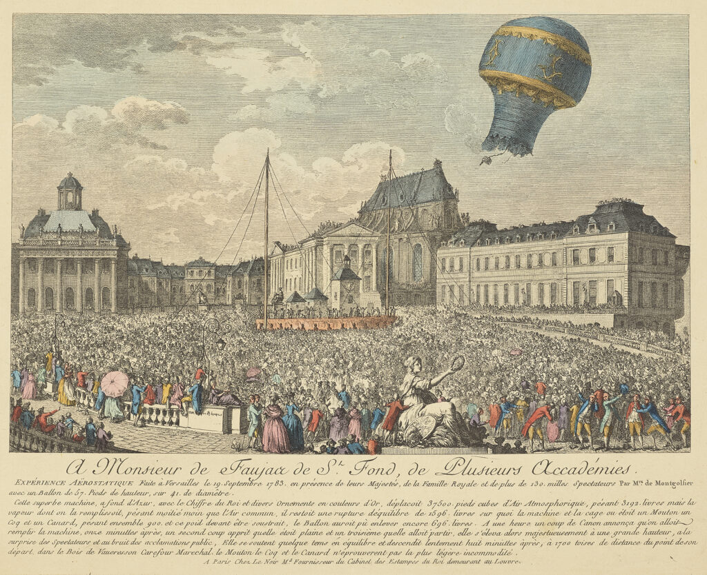 Versailles Science: Ascent of a Montgolfier balloon, print, 1783, © Science Museum Group. Detail.
