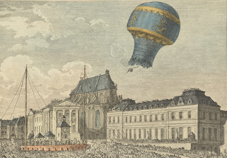 Versailles Science: Ascent of a Montgolfier balloon, print, 1783, © Science Museum Group. Detail.
