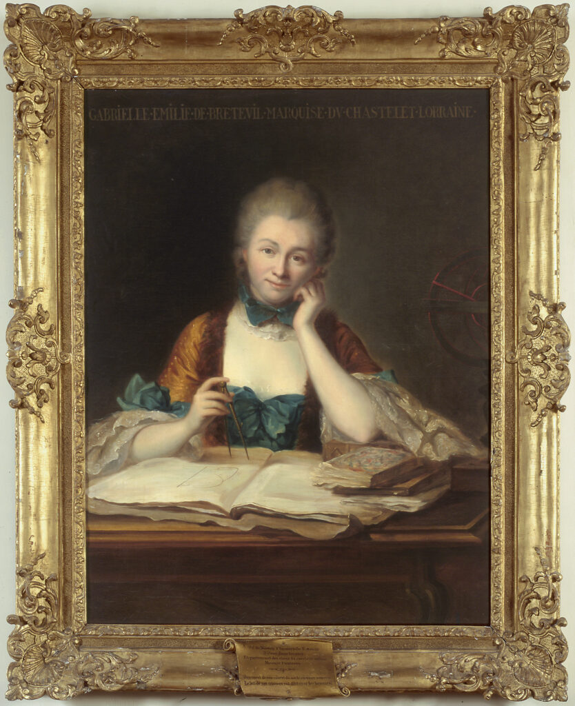 Versailles Science: Maurice Quentin de La Tour, Portrait of Gabrielle-Émilie Le Tonnelier de Breteuil, Marquise du Châtelet, after 1733, private collection, Château de Breteuil, France, © Château de Breteuil.
