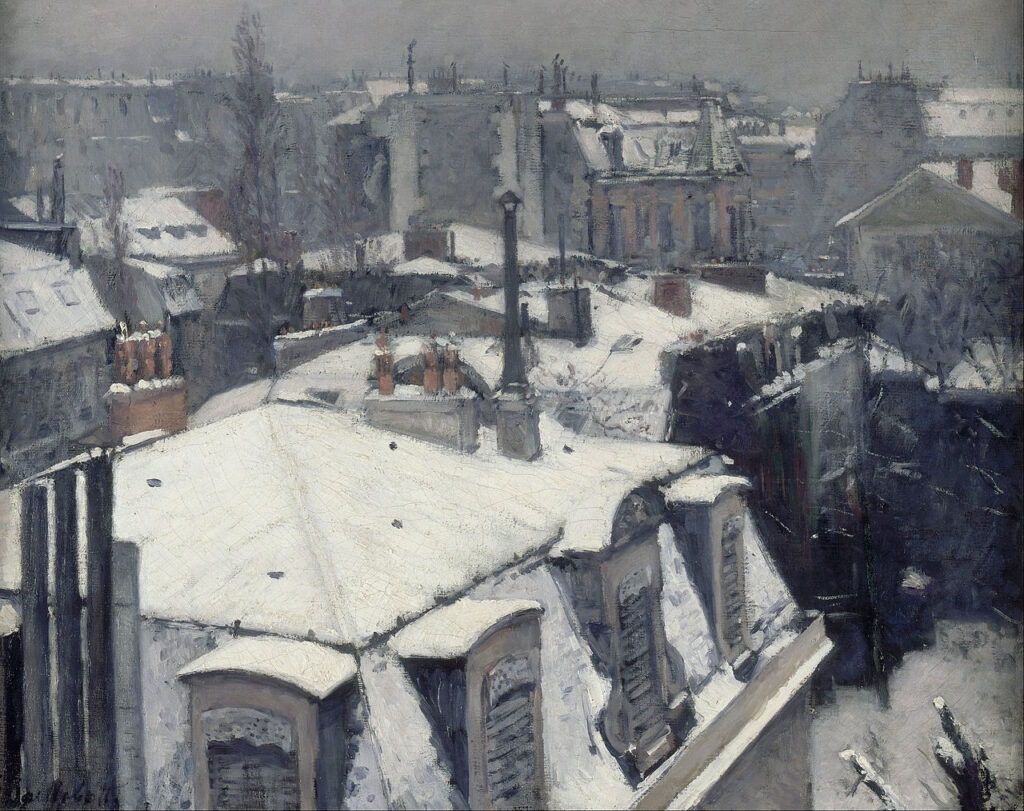 Impressionist winter landscapes: Gustave Caillebotte, Rooftops in the Snow (Snow Effect), 1978, Musée d’Orsay, Paris, France.
