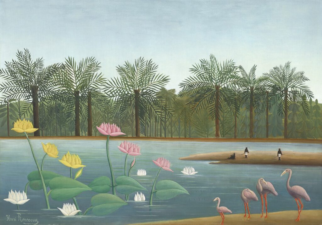 Henri Rousseau paintings: Henri Rousseau, The Flamingoes, 1907, private collection. Wikimedia Commons (public domain).
